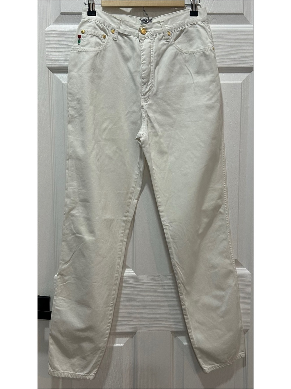 Vintage Moschino Women’s White Jeans Straight Leg Size 6 Gold Hardware 90s Y2K